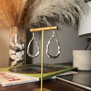 Silver egg shaped hoop dangle earrings hang approx 2”